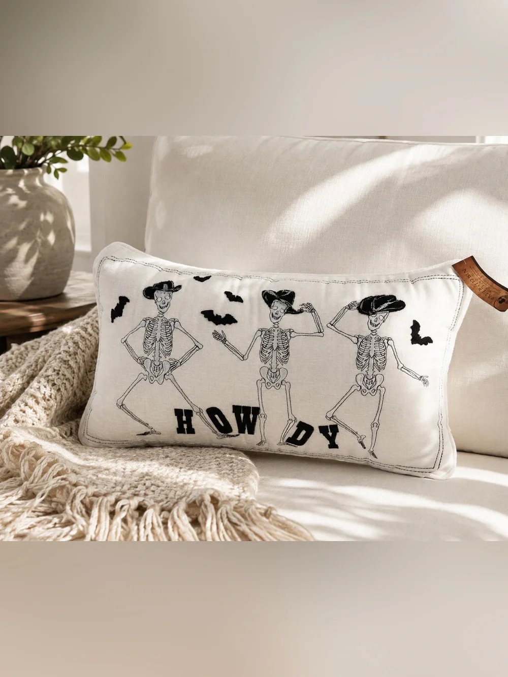 Skele-Town Market “Howdy” Cowboy Skeleton Halloween Lumbar Pillow Western Decor